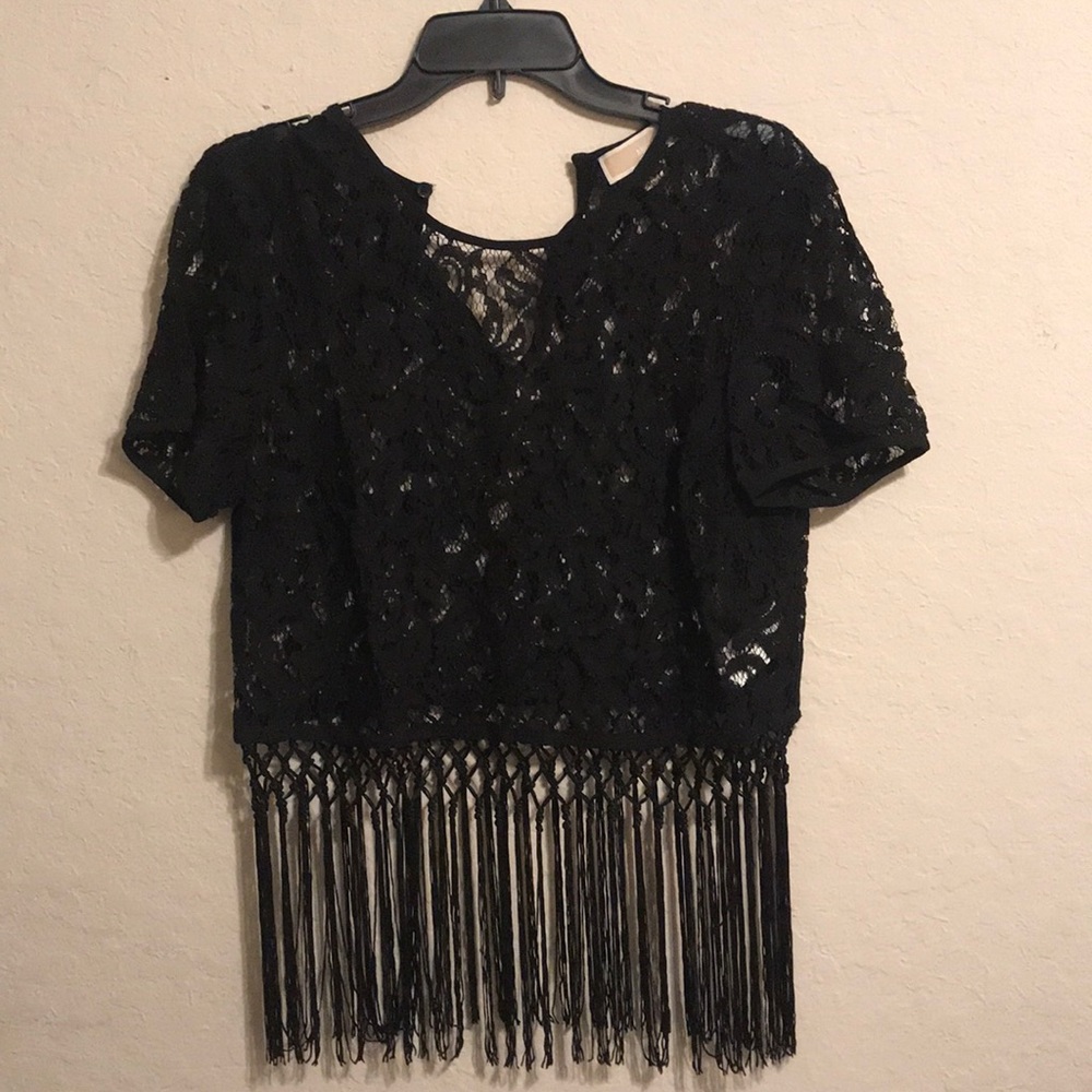 Michael Kors Black Lace Crop Top with Fringes